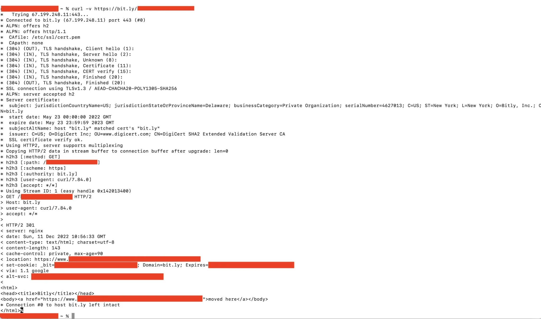 curl-Aufruf auf einen bit.ly-Kurzlink zeigt den gesetzten _bit-Cookie vor der Weiterleitung
