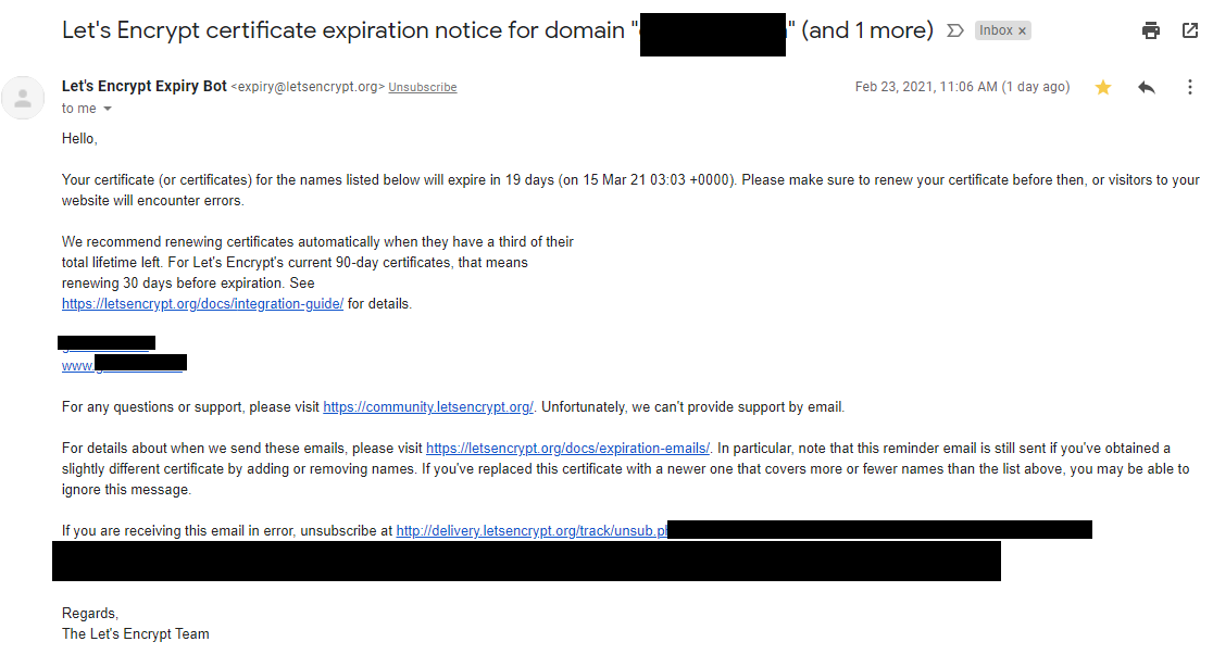 Screenshot zur Let's Encrypt Ablaufwarnung