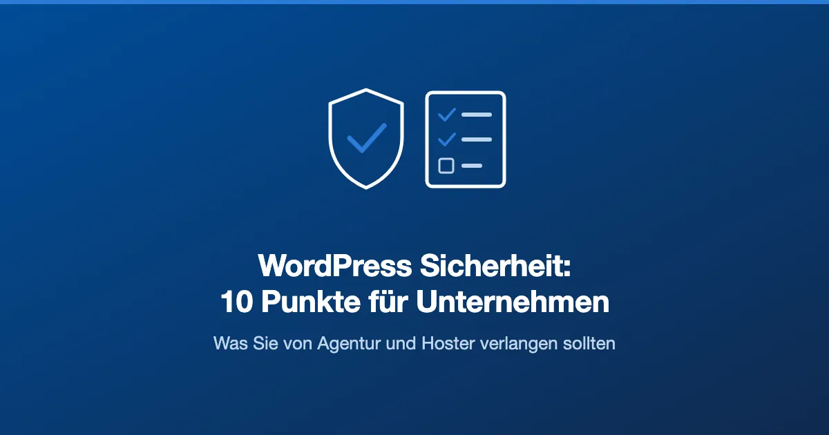 Schutzschild neben einer Checkliste mit Häkchen auf blauem Hintergrund als Symbol für WordPress Sicherheit