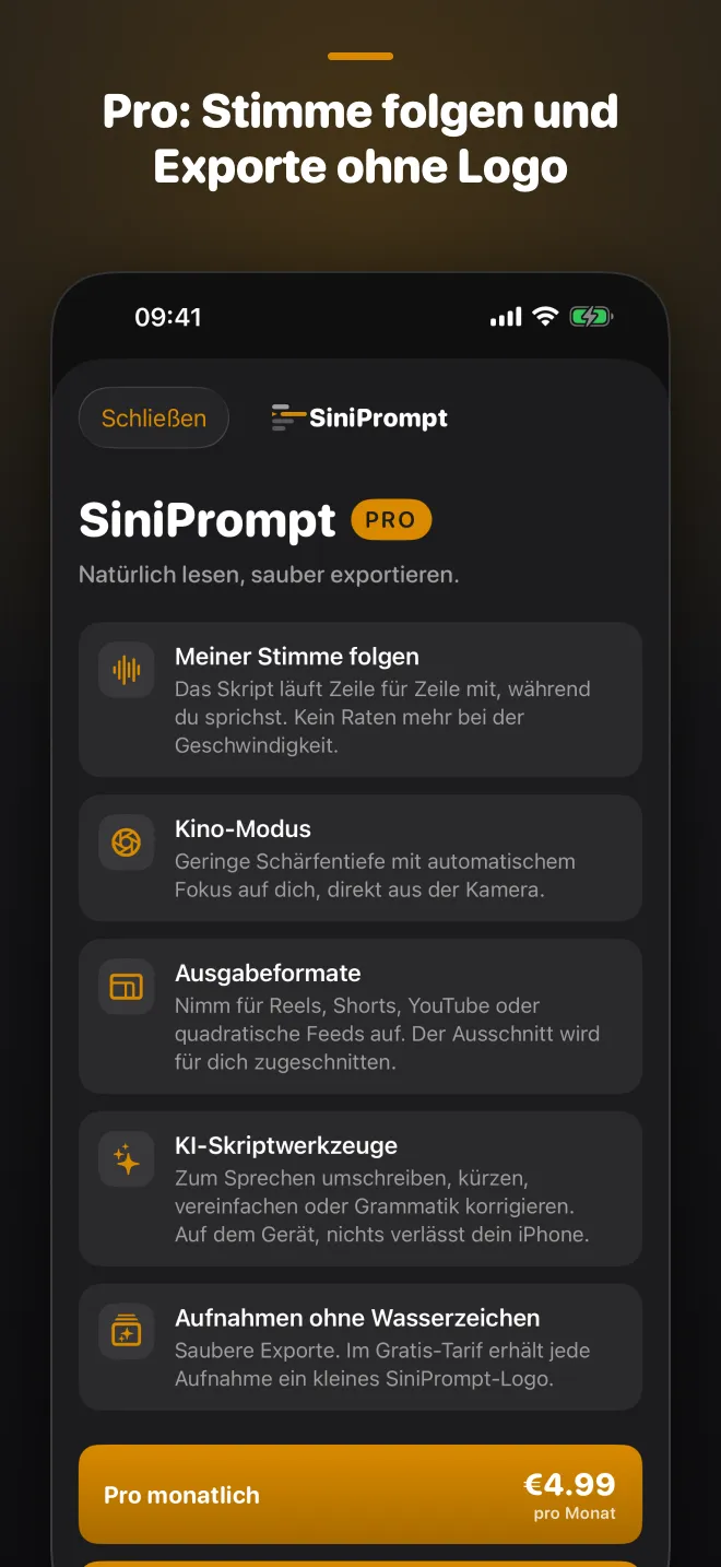 Pro: Stimme folgen und Exporte ohne Logo